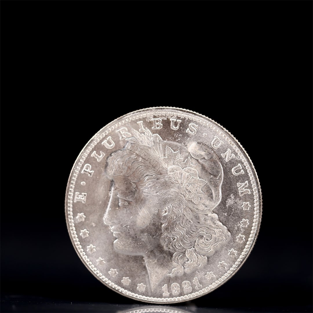 USA Morgan Dollar 1921 Coin: Obv: profile bust with date below and E PLURIBUS UNUM legend and stars around. Rev: eagle with In God we trust above within wreath with UNITED STATES OF AMERICA ONE DOLLAR legend. IN GOD WE TRUST / LI