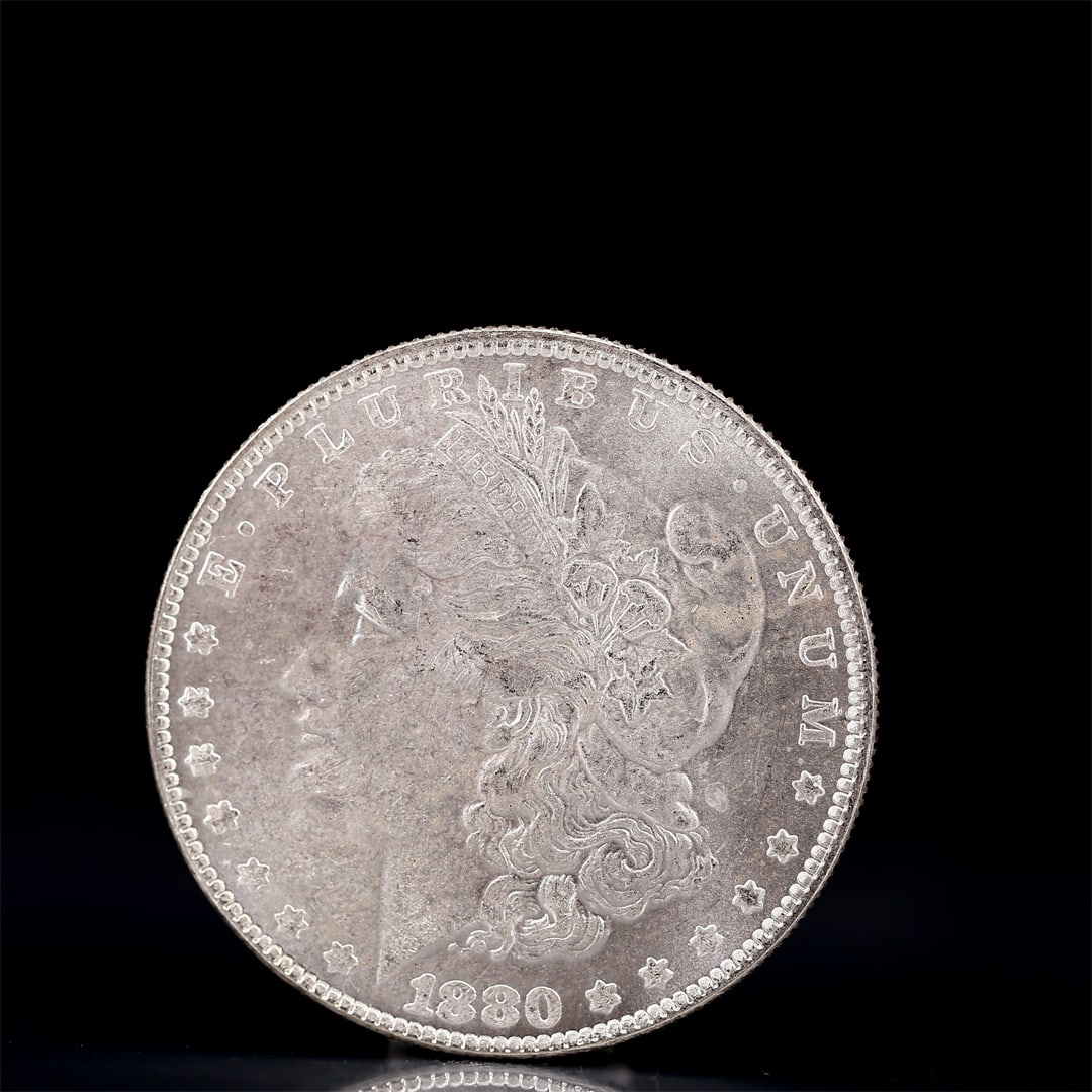 USA Morgan Dollar 1880 Coin: Obv: profile bust with date below and E PLURIBUS UNUM legend and stars around. Rev: eagle with In God we trust above within wreath with UNITED STATES OF AMERICA ONE DOLLAR legend. IN GOD WE TRUST / LI