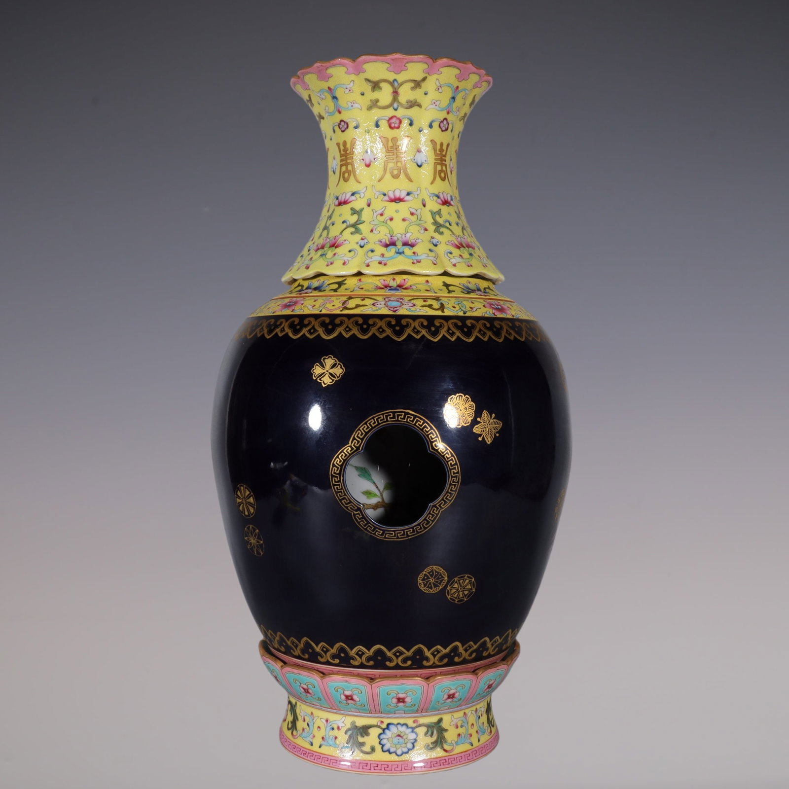 A Huge Famille-Rose Ji Blue Glazed Yellow Ground Lotus Pattern Vase: A Huge Famille-Rose Ji Blue Glazed Yellow Ground Lotus Pattern Vase,Qing Dynasty, China,Qianlong Six-character