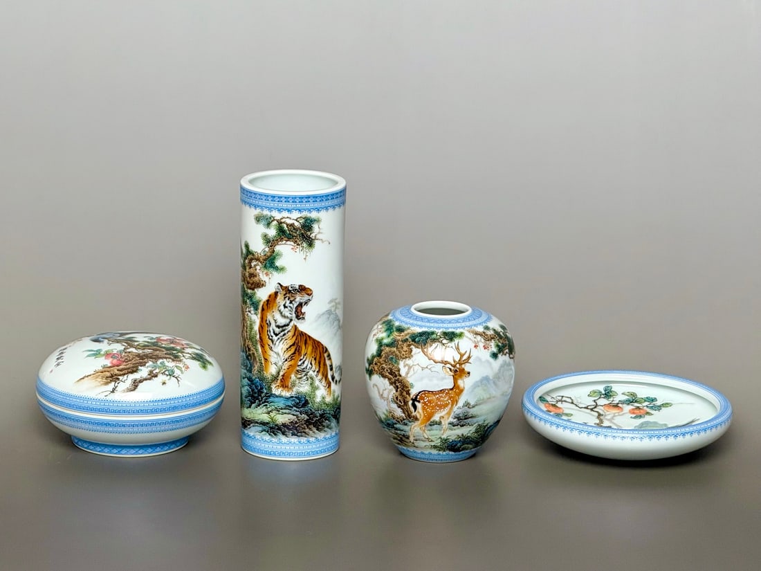 A Set of Fine Famille-Rose Animal Pattern Ornaments: A Set of Fine Famille-Rose Animal Pattern Ornaments,Qing Dynasty,China,Qianlong Six-character Mark,Size:(Brush Pot)2.2inx5.6inx2in,(Jar)3.1inx3.1inx1.5in,(Brush Washer)4.3inx1inx1.8in,(Box with Cover)
