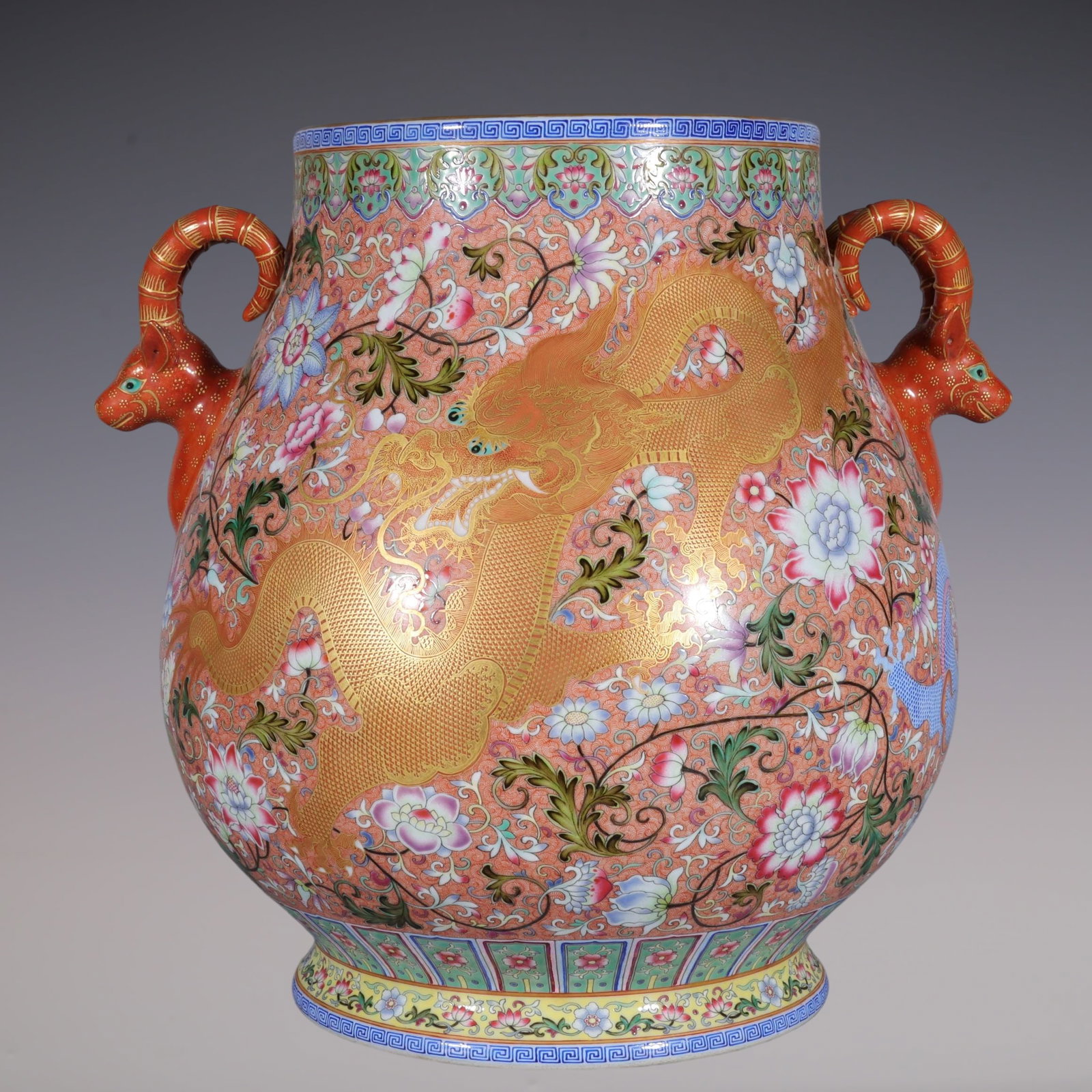 A Rare Famille-Rose Painted Gold Lotus and Dragon Pattern Deer-Ears Vase: A Rare Famille-Rose Painted Gold Lotus and Dragon Pattern Deer-Ears Vase,Qing Dynasty, China,Qianlong Four-character Mark,Size:15inx8.6inx9.1in粉彩描金缠枝莲&