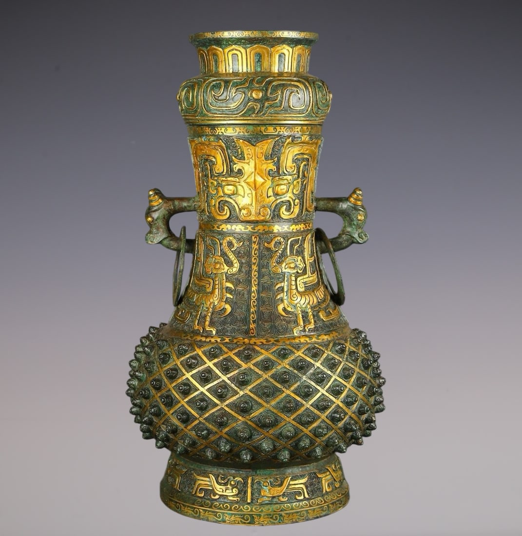 An Archaic Bronze Inlaid Gold Beast-Face Pattern Beast-Ears Vase with Cover,With Inscription: An Archaic Bronze Inlaid Gold Beast-Face Pattern Beast-Ears Vase with Cover,With Inscription,W.Zhou ,