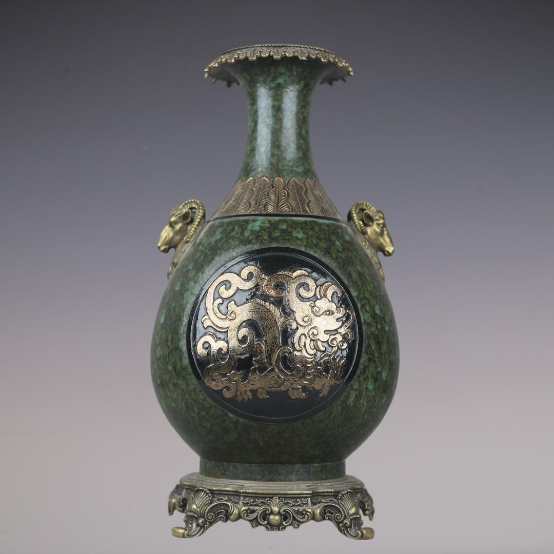A Huge Ancient Bronze Glazed Inlaid Bronze Chi-Dragon Pattern Sheep-Ears Vase: A Huge Ancient Bronze Glazed Inlaid Bronze Chi-Dragon Pattern Sheep-Ears Vase,Qing Dynasty,China,Qianlong Six-character Mark,Size:16.1inx7.9inx6.9in古铜釉镶铜螭(