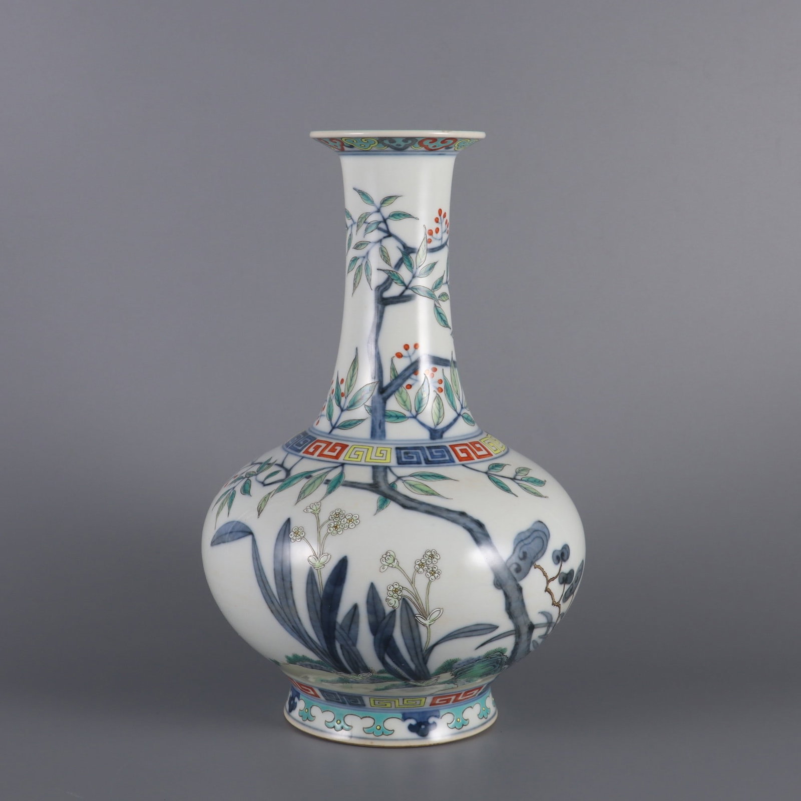 An Exquisite Blue and White Famille-Rose Ganoderma lucidum and Orchid Pattern Vase: An Exquisite Blue and White Famille-Rose Ganoderma lucidum and Orchid Pattern Vase,Qing Dynasty, China,Qianlong Six-character