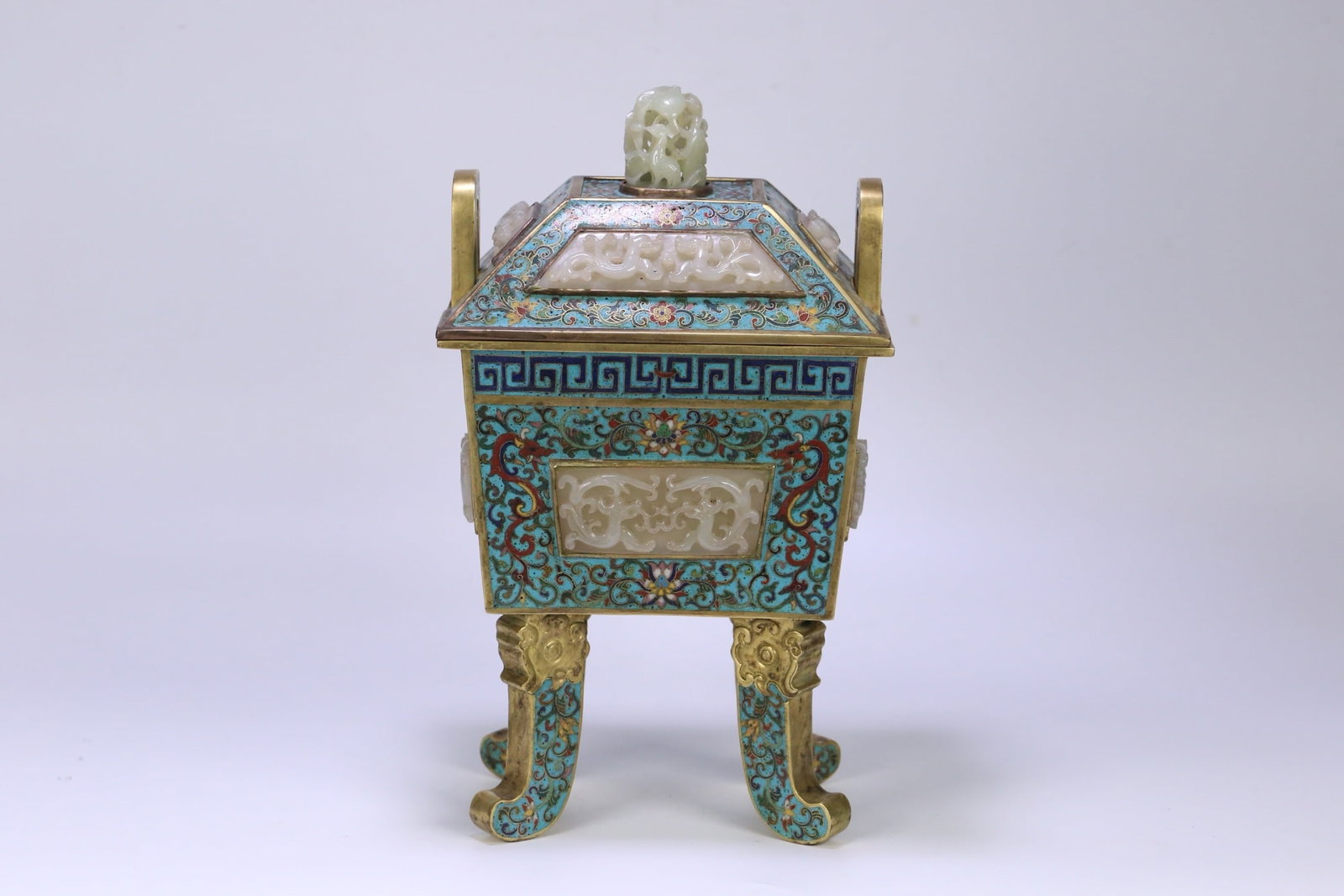A Rare Cloisonne Inlaid White Jade Lotus and Dragon Pattern Double-Ears four legs Censer: A Rare Cloisonne Inlaid White Jade Lotus and Dragon Pattern Double-Ears four legs Censer,Qing Dynasty,China,Qianlong Four-character