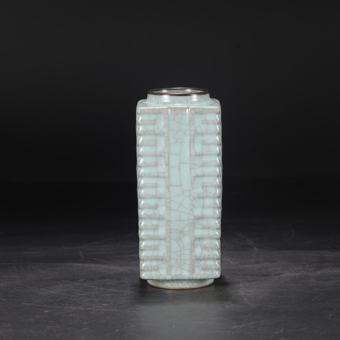 An Exquisite Guan yao Celadon Glazed Cover with Silver Cong-Shaped Vase,With an Imperial Poem by: An Exquisite Guan yao Celadon Glazed Cover with Silver Cong-Shaped Vase,With an Imperial Poem by Emperor Qianlong,Song Dynasty, China,Size:9.1inx2.8inx3.5in官窑青釉银