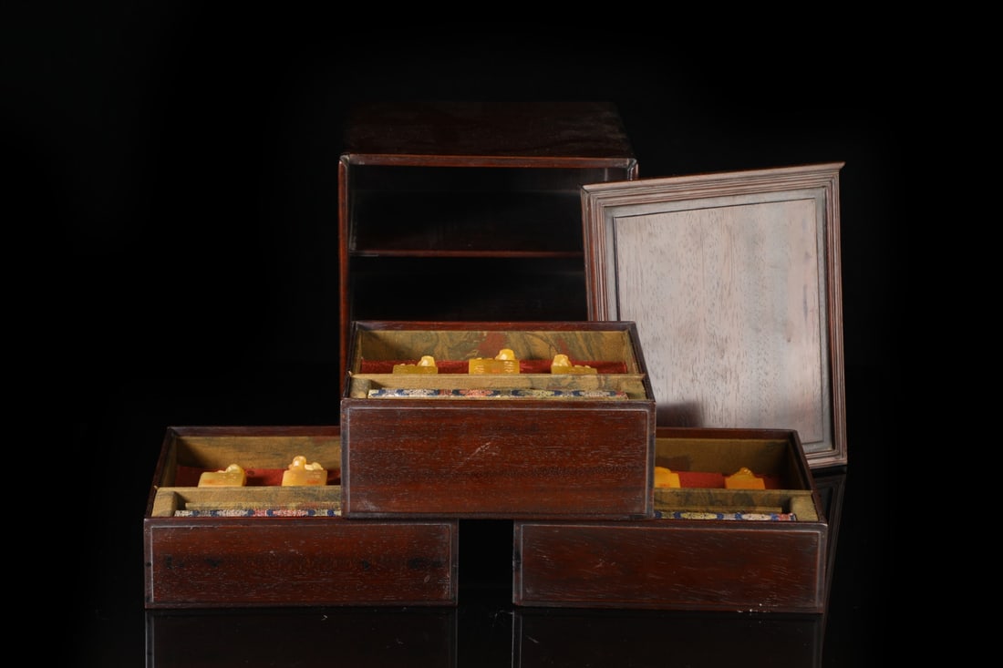 A Set of Fine Tianhuang Stone Auspicious Beast Pattern Seals,With Huanghuali wood Box with Cover: A Set of Fine Tianhuang Stone Auspicious Beast Pattern Seals,With Huanghuali wood Box with Cover,Qing Dynasty,China,Qianlong