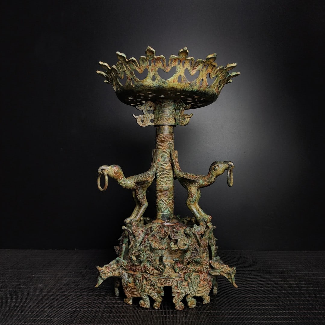 An Archaic Bronze Hollow Bird Pattern Candlestick,With Inscription: An Archaic Bronze Hollow Bird Pattern Candlestick,With Inscription,Qing Dynasty,