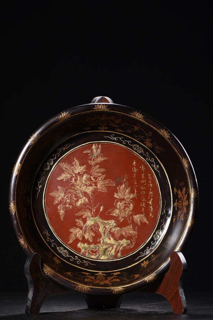 A Rare Wooden Painted Gold Lacquerware Flower Pattern Plate,With Poem: A Rare Wooden Painted Gold Lacquerware Flower Pattern Plate,With Poem,Qing