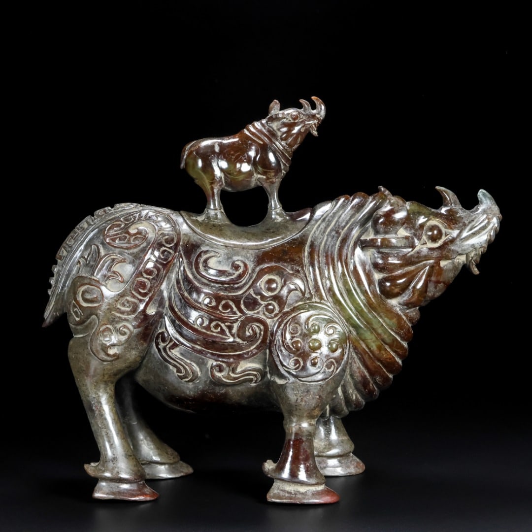 An Exquisite White Jade Phoenix Pattern Rhinoceros Ornament: An Exquisite White Jade Phoenix Pattern Rhinoceros Ornament,Qing