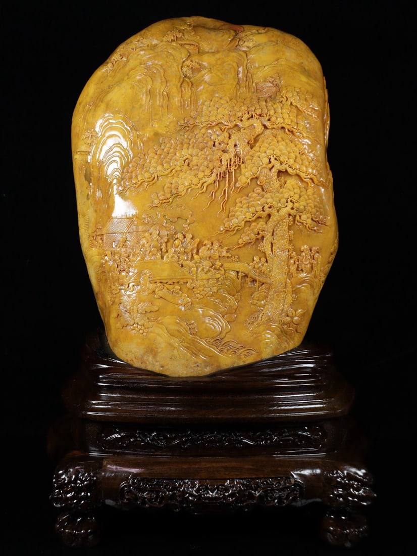 A Huge Tianhuang Stone Landscape and Figure Pattern Ornament: A Huge Tianhuang Stone Landscape and Figure Pattern Ornament,Qing Dynasty,