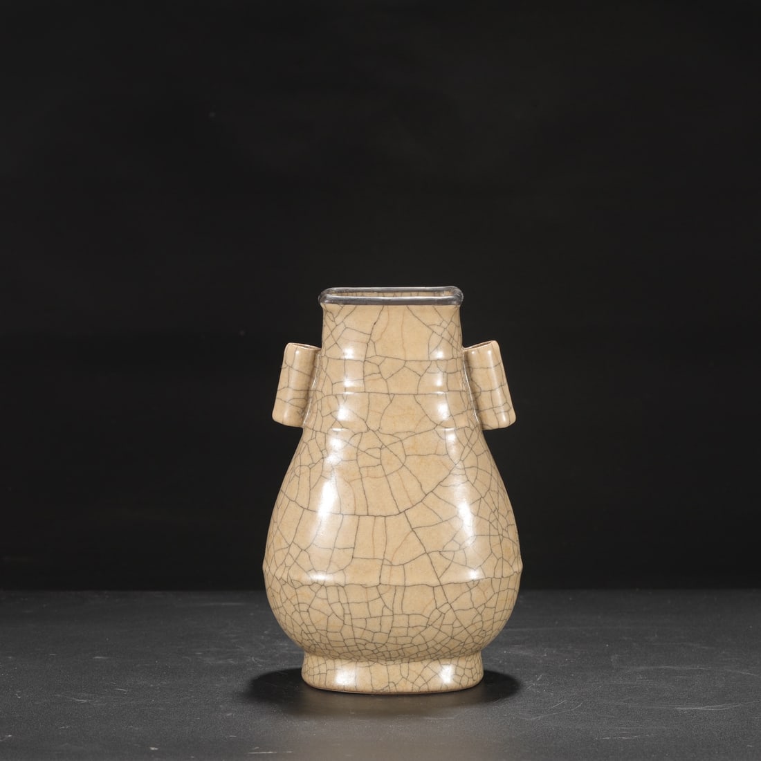 An Exquisite Ge yao Yellow Glazed Cover with Silver Double-Ears Vase,With an Imperial Poem by: An Exquisite Ge yao Yellow Glazed Cover with Silver Double-Ears Vase,With an Imperial Poem by Emperor Qianlong,Song Dynasty, China,Size:9.4inx3.3inx5.9in哥窑黄釉银口