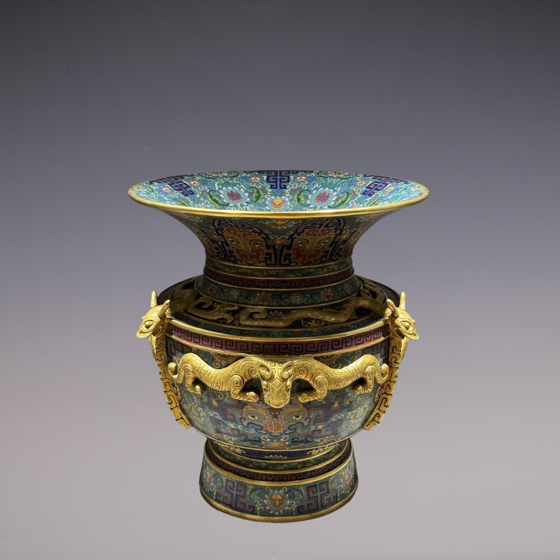 An Exquisite Cloisonne Lotus Pattern Beast-Face Pattern Vase: An Exquisite Cloisonne Lotus Pattern Beast-Face Pattern Vase Qing Dynasty, China Qianlong Six-character Mark Size:16.5inx15in Weight:21.8kg景泰蓝龙虎樽 中
