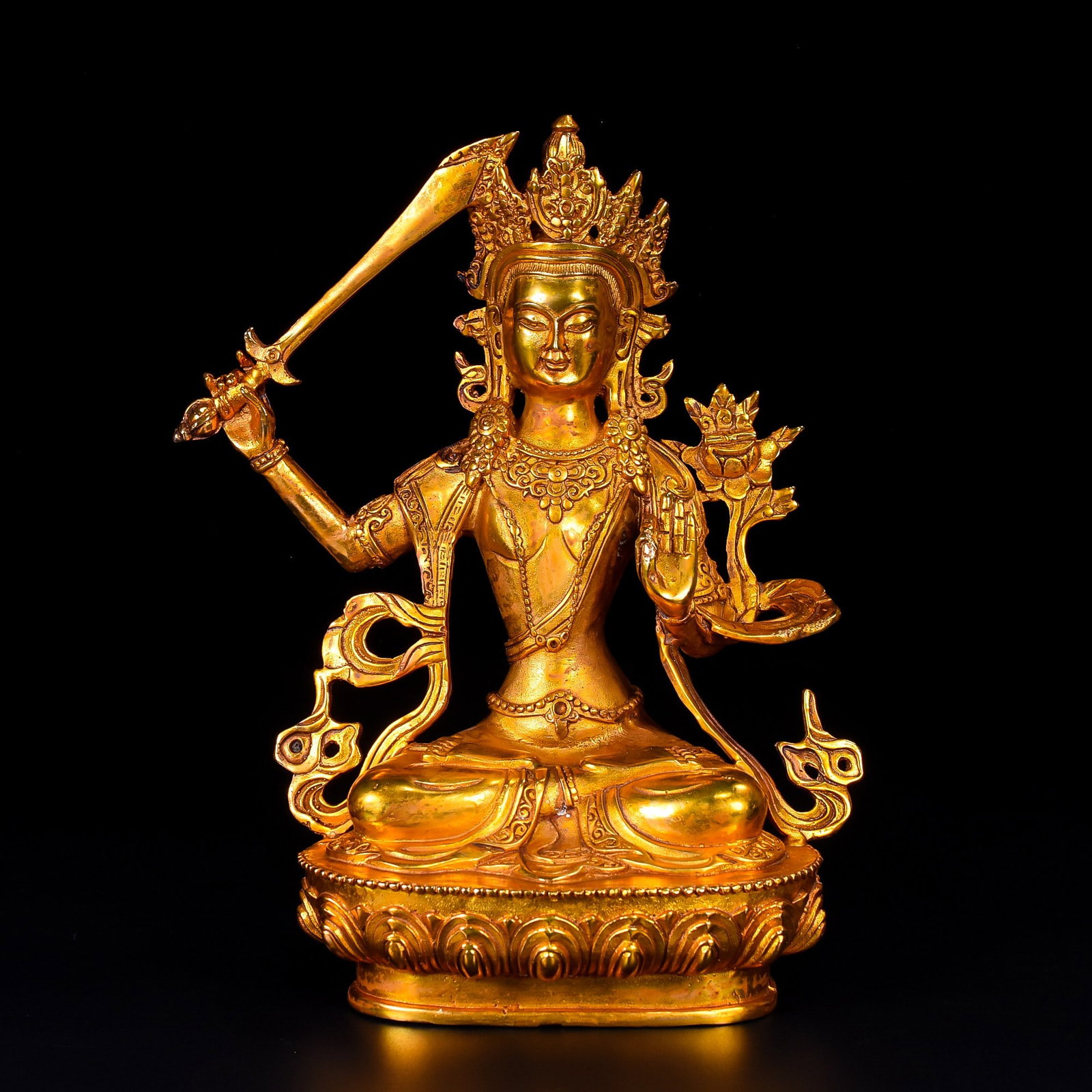 A Solemn Gilt Bronze Statue of Manjusri: A Solemn Gilt Bronze Statue of Manjusri,Qing Dynasty,