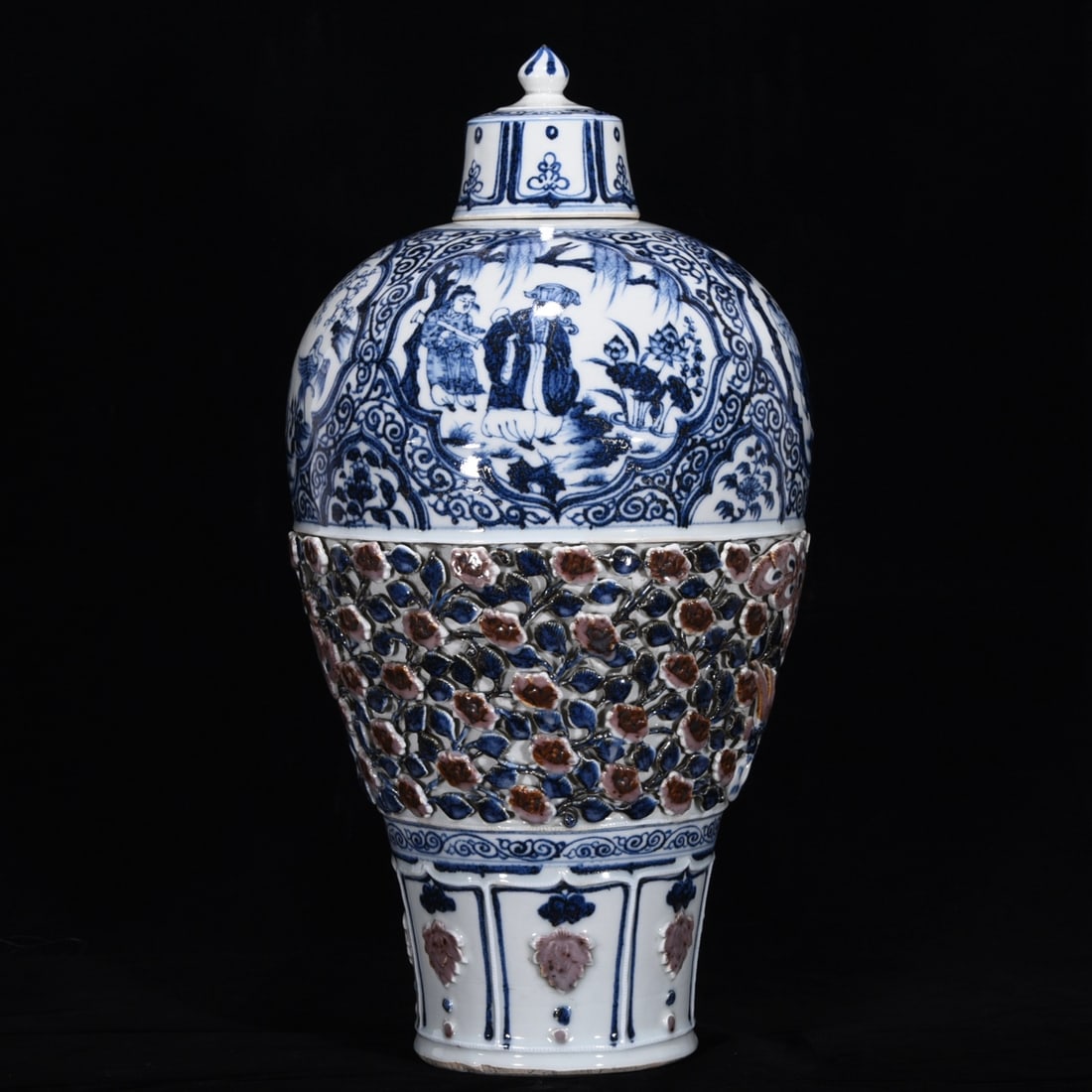 An Exquisite Blue and White Underglaze-Red Lotus Pattern Character and Story Pattern Vase: An Exquisite Blue and White Underglaze-Red Lotus Pattern Character and Story Pattern Vase Yuan Dynasty, China Size:18.7inx9.8in青花釉里红捏花开窗&