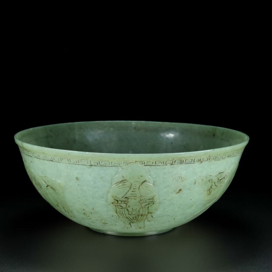 An Exquisite White Jade Buffalo Pattern Bowl: An Exquisite White Jade Buffalo Pattern Bowl,Qing Dynasty,China,Qianlong Four-character Mark,Size:7.5inx3.5in,Weight:221g白玉牛纹碗,中国清代,È