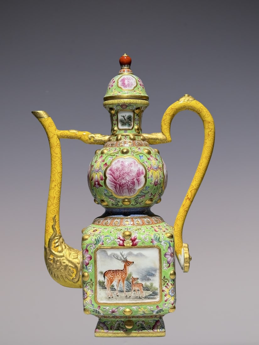 A Rare Enamel Yellow Glazed Green Ground Landscape and Animal Pattern Flagon: A Rare Enamel Yellow Glazed Green Ground Landscape and Animal Pattern Flagon,Qing Dynasty, China,Yongzheng Four-character Mark,Size:13inx8.5in珐琅彩黄釉绿地&#