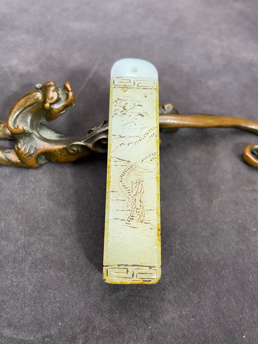 An Exquisite White Jade Landscape and Figure Pattern Pendant,With Poem: An Exquisite White Jade Landscape and Figure Pattern Pendant,With Poem,Qing Dynasty,China,Size:3.3inx0.7inx0.7in,Weight:60g白玉山水人物纹挂件,
