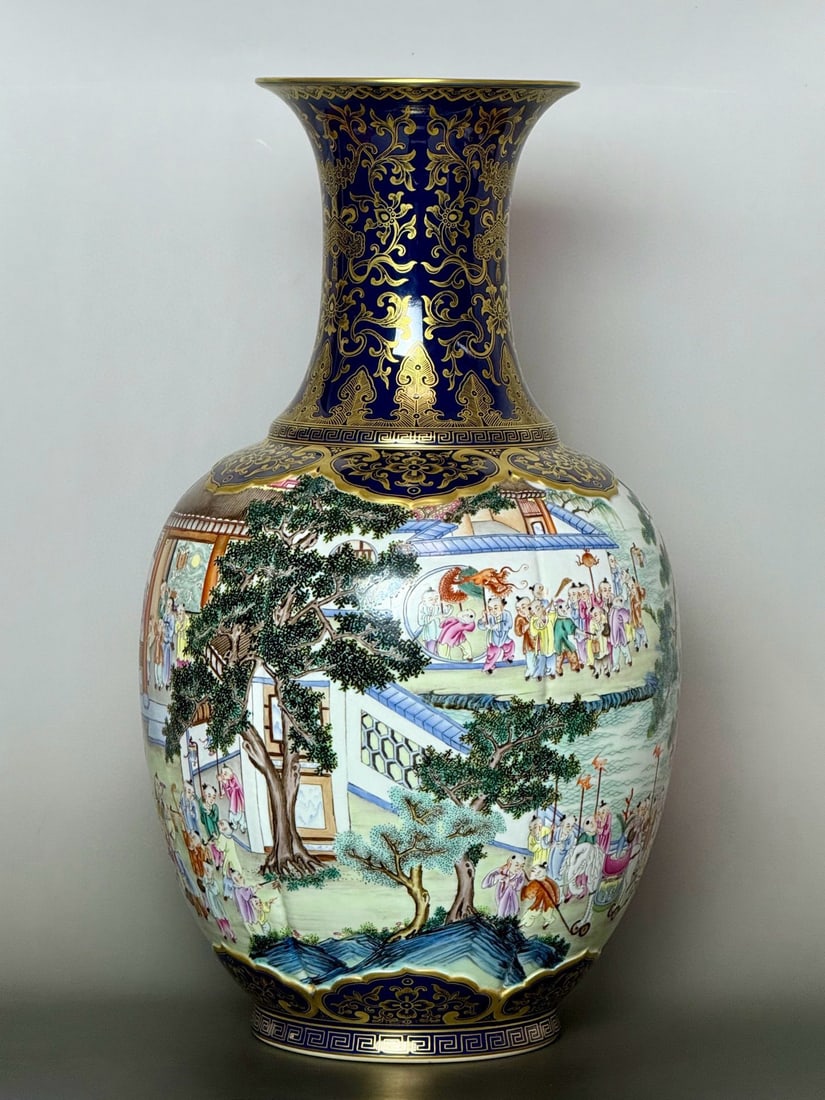 A Huge Ji Blue Glazed Famille-Rose Painted Gold Character and Story Pattern Vase: A Huge Ji Blue Glazed Famille-Rose Painted Gold Character and Story Pattern Vase,Qing Dynasty,China,Qianlong Six-character Mark,Size:19.4inx11inx6.3in霁蓝釉粉彩描&#