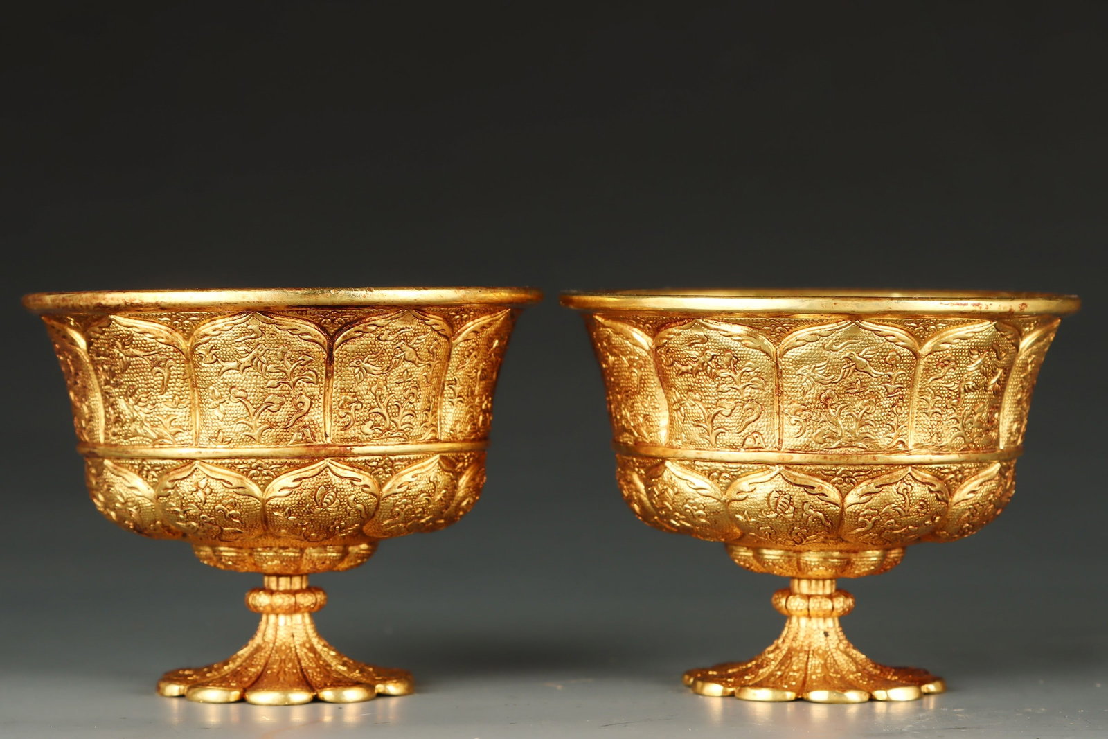 A Pair of Exquisite Gilt Bronze Flower and Bird Pattern Stem Cups (1 of 9)