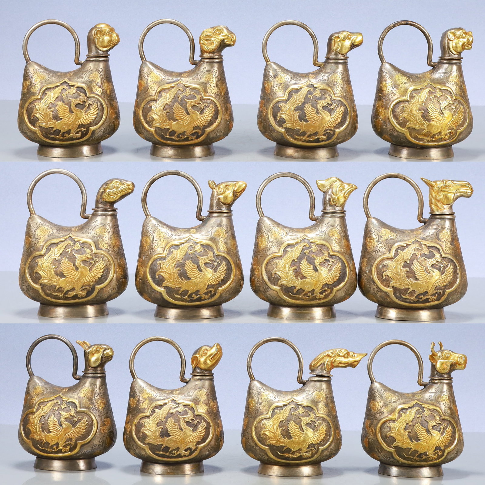 A Exquisite A Set of Gilt Silver Dragon and Phoenix Pattern Ewer: A Exquisite A Set of Gilt Silver Dragon and Phoenix Pattern Ewer Tang Dynasty, China Zhenguan Four-character Mark Size:5.1inx3.7inx6.3in