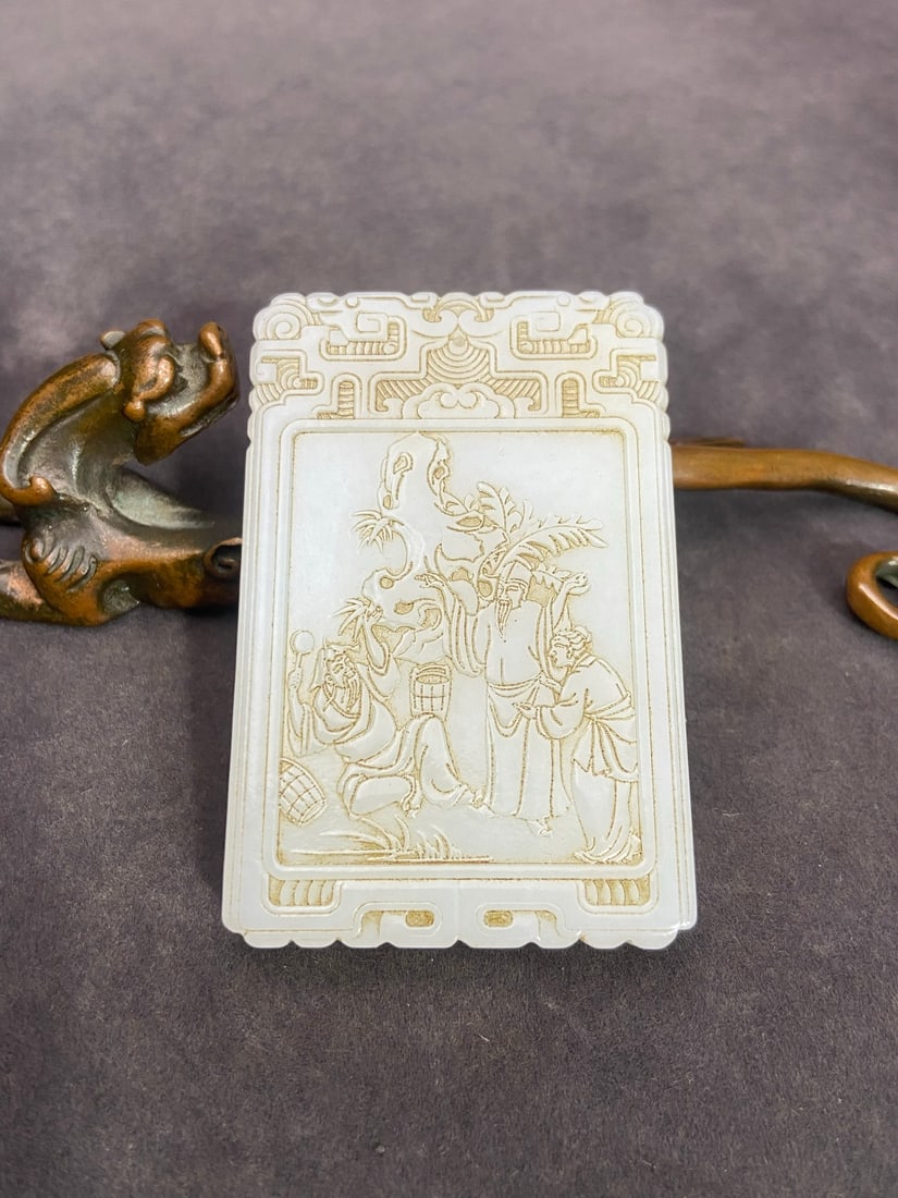 An Exquisite White Jade Character and Story Pattern Pendant,With Poem: An Exquisite White Jade Character and Story Pattern Pendant,With Poem,Qing
