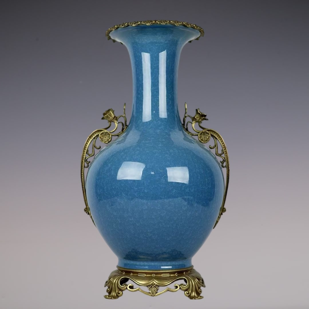 A Huge Blue Glazed Inlaid Bronze Double-Ears Vase: A Huge Blue Glazed Inlaid Bronze Double-Ears Vase,Qing
