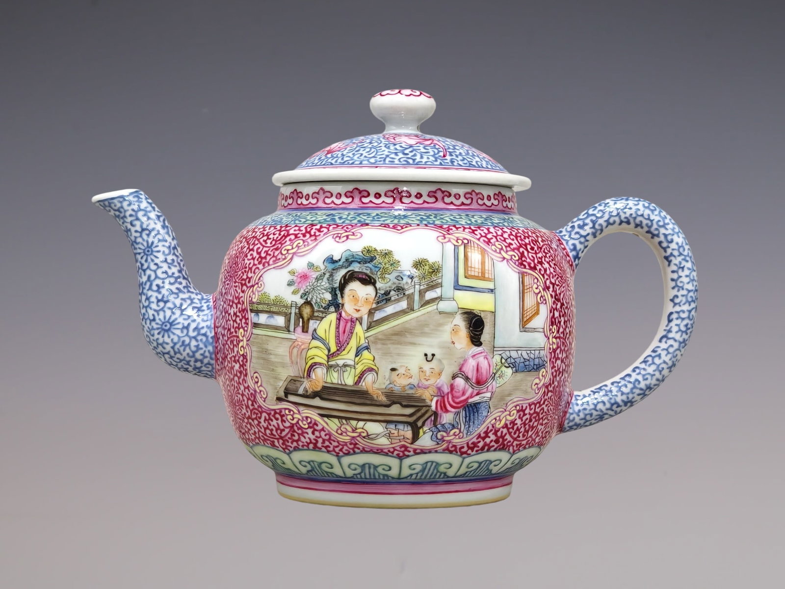 An Exquisite Famille-Rose Blue and White Figure Pattern Teapot: An Exquisite Famille-Rose Blue and White Figure Pattern Teapot,Qing Dynasty, China,Yongzheng Four-character