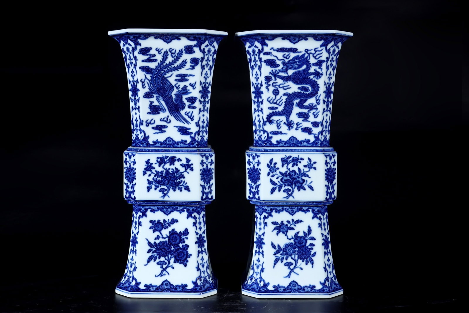 A Pair of Huge Blue and White Flower Fruit,Dragon and Phoenix Pattern Vases: A Pair of Huge Blue and White Flower Fruit,Dragon and Phoenix Pattern Vases,Qing Dynasty, China,Qianlong Six-character