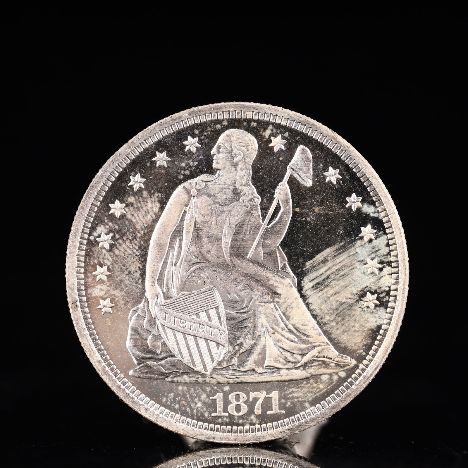 USA One Dollar 1871 Coin: American coin. IN GOD WE TRUST / LIBERTY / 1871 / UNITED STATES OF AMERICA / ONE DOL. Mint mark: S. Weight:26.9g.