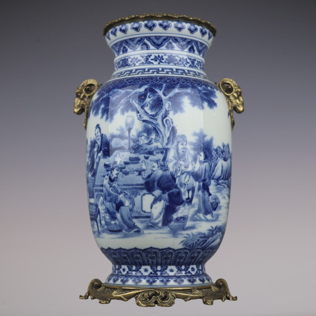 A Rare Blue and White Inlaid Bronze Character and Story Pattern Sheep-Ears Vase: A Rare Blue and White Inlaid Bronze Character and Story Pattern Sheep-Ears Vase,Qing Dynasty,China,Yongzheng Six-character Mark,Size:15inx7.9inx8.3in青花镶铜人物
