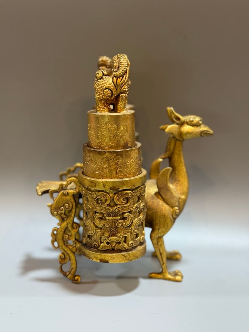 A Set of Fine Gilt Bronze Hollow Dragon Pattern Beast-Shaped Seals,With Phoenix-Shaped Base: A Set of Fine Gilt Bronze Hollow Dragon Pattern Beast-Shaped Seals,With Phoenix-Shaped Base,Qing