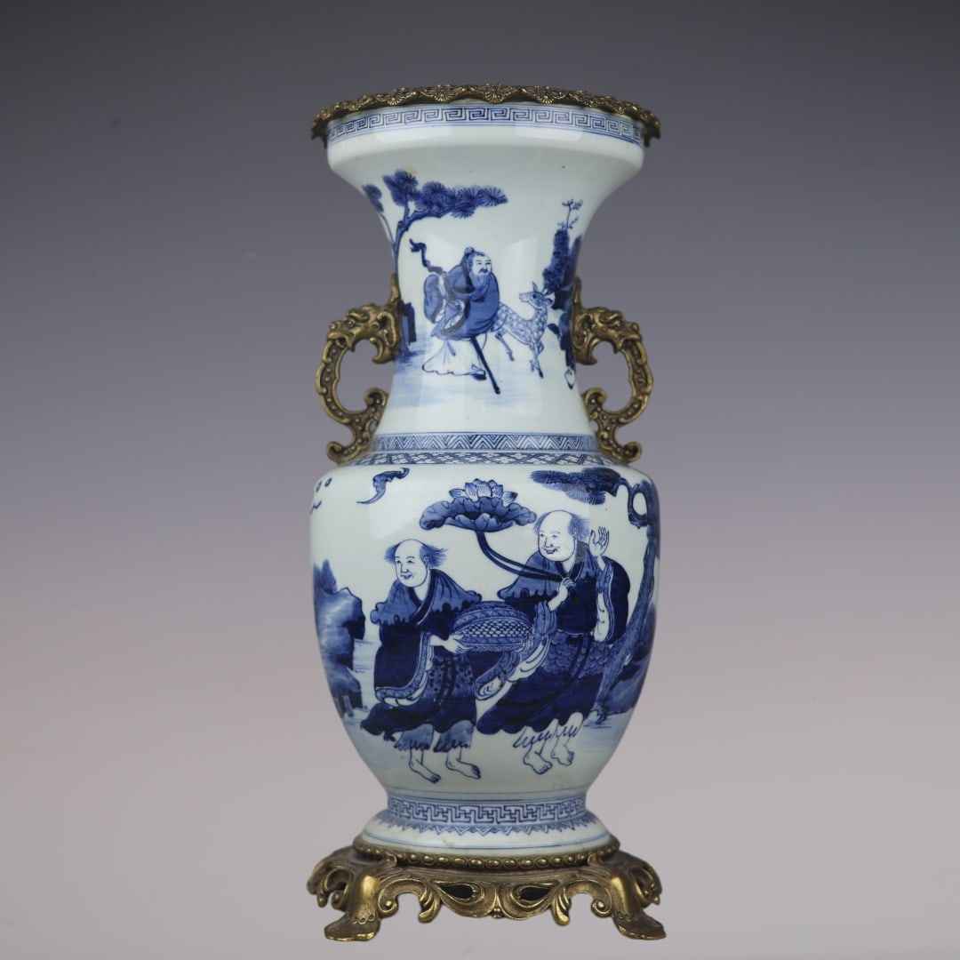 A Huge Blue and White Inlaid Bronze Figure Pattern Dragon-Ears Vase: A Huge Blue and White Inlaid Bronze Figure Pattern Dragon-Ears Vase,Qing Dynasty,China,Kangxi Six-character Mark,Size:17.9inx7.5inx7.9in青花镶铜人物纹龙