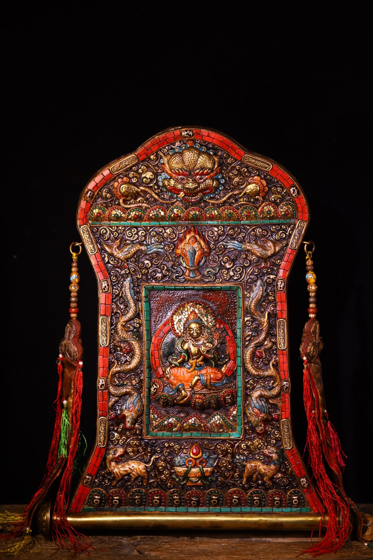 A Huge Bronze Inlaid Dzi Bead and Gems Statue of Tara Tangka: A Huge Bronze Inlaid Dzi Bead and Gems Statue of Tara Tangka,Qing