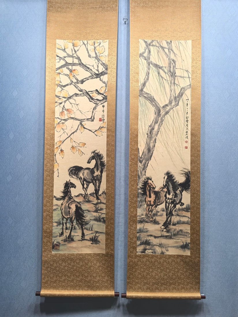 A Pair of Chinese Vertical Scroll Ink Painting of Horse on Paper,Xu Beihong: A Pair of Chinese Vertical Scroll Ink Painting of Horse on Paper,Xu