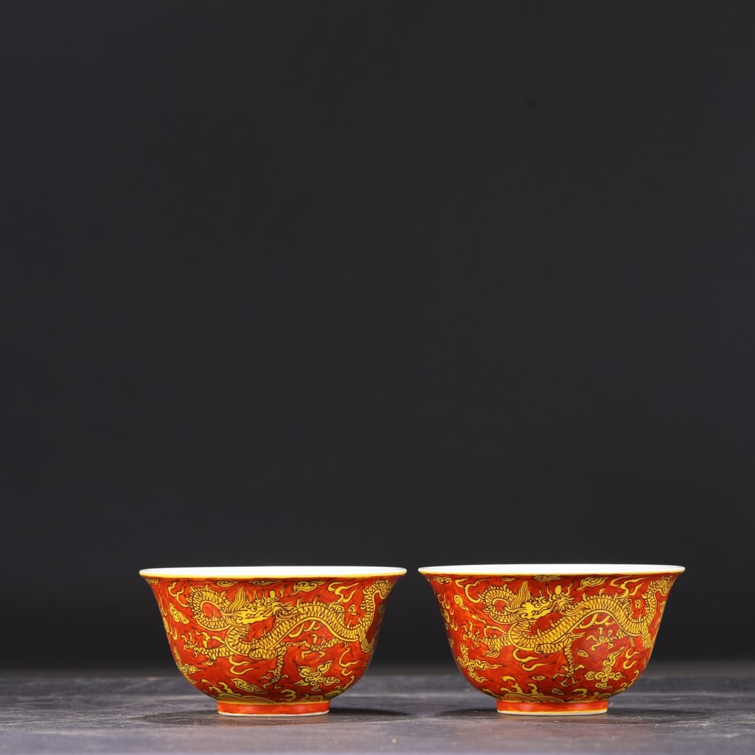 A Pair of Exquisite Red Ground Yellow Color Seawater,Auspicious Cloud and Dragon Pattern Bowls: A Pair of Exquisite Red Ground Yellow Color Seawater,Auspicious Cloud and Dragon Pattern Bowls,Ming Dynasty, China,Jiajing Six-character