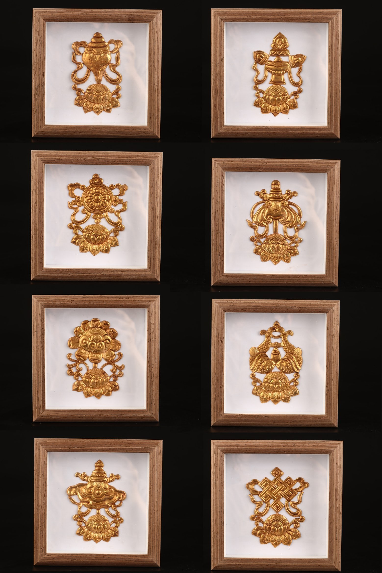 A Set of Fine Gilt Bronze Eight Treasures Pattern Ornaments,With Frames: A Set of Fine Gilt Bronze Eight Treasures Pattern Ornaments,With Frames,Tang Dynasty,China,Size:(Frame)5.7inx5.7in,(Censer)2.8inx3.5in一套铜鎏金八宝纹&#