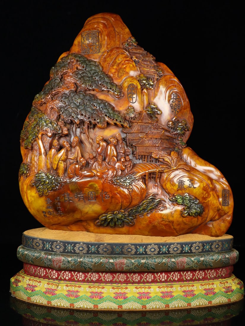 A Rare Shoushan Stone Painted Color Landscape and Figure Pattern Seal: A Rare Shoushan Stone Painted Color Landscape and Figure Pattern Seal,Qing Dynasty, China,Tongzhi Mark,Size:14.6inx11.8inx4.7in,Weight:9270g寿山石彩绘山水
