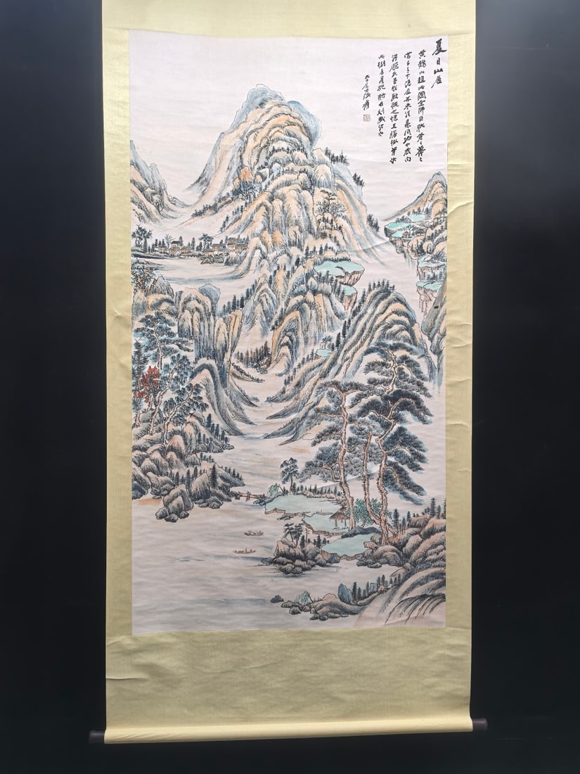 A Chinese Vertical Scroll Ink Painting of Landscape on Paper,Zhang Daqian: A Chinese Vertical Scroll Ink Painting of Landscape on Paper,Zhang Daqian,Size:(Without