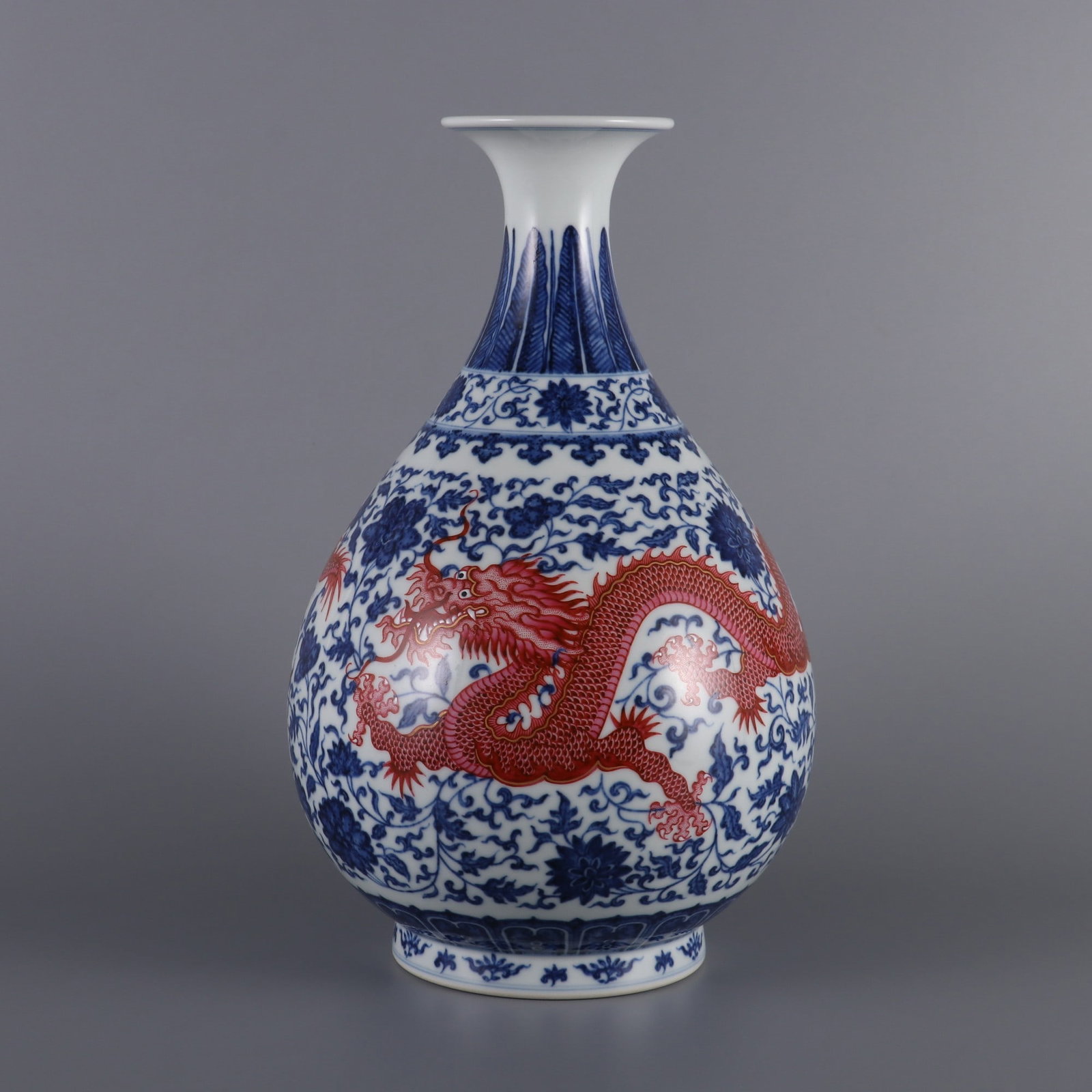 An Exquisite Blue and White Ruby Red Color Lotus and Dragon Pattern Vase: An Exquisite Blue and White Ruby Red Color Lotus and Dragon Pattern Vase,Qing Dynasty, China,Yongzheng Six-character Mark,Size:11.5inx6.9inx3in青花胭脂红彩缠&