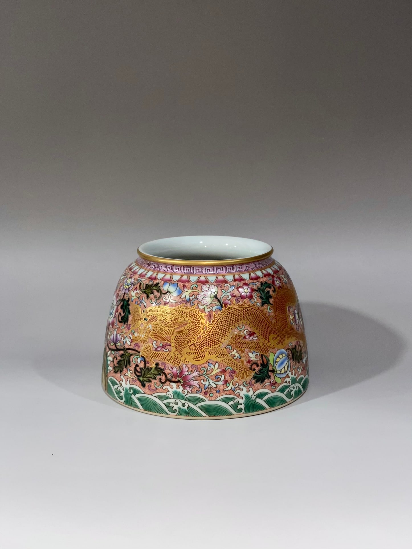 An Exquisite Famille-Rose Painted Gold Lotus,Dragon and Phoenix Pattern Water Pot: An Exquisite Famille-Rose Painted Gold Lotus,Dragon and Phoenix Pattern Water Pot,Qing Dynasty,China,Qianlong Four-character Mark,Size:3.4inx3.5inx5.1in粉彩描金缠枝