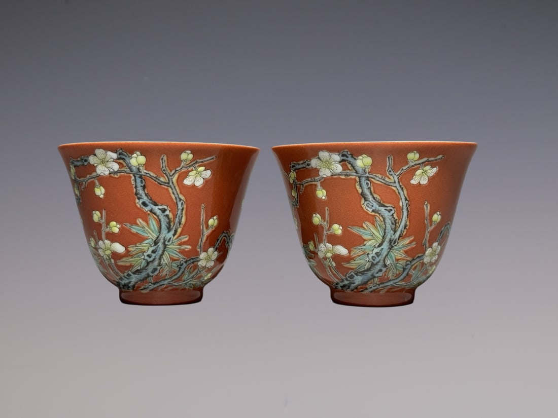 A Pair of Exquisite Famille-Rose Iron-Red Glazed Plum Blossom and Bamboo Pattern Cups (1 of 9)