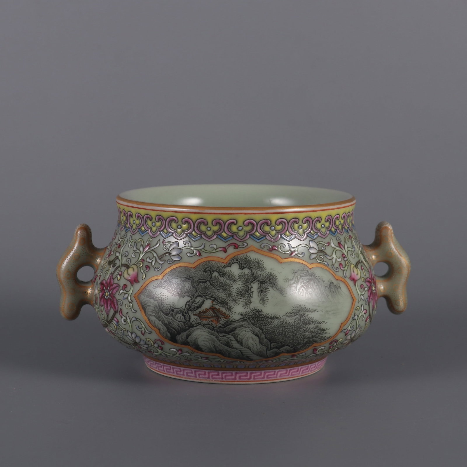 An Exquisite Celadon Glazed Famille-Rose Ink Color Painted Gold Landscape and Figure Pattern: An Exquisite Celadon Glazed Famille-Rose Ink Color Painted Gold Landscape and Figure Pattern Double-Ears Censer,Qing Dynasty, China,Qianlong Six-character Mark,Size:2.4inx3.9inx3.1in青釉&#