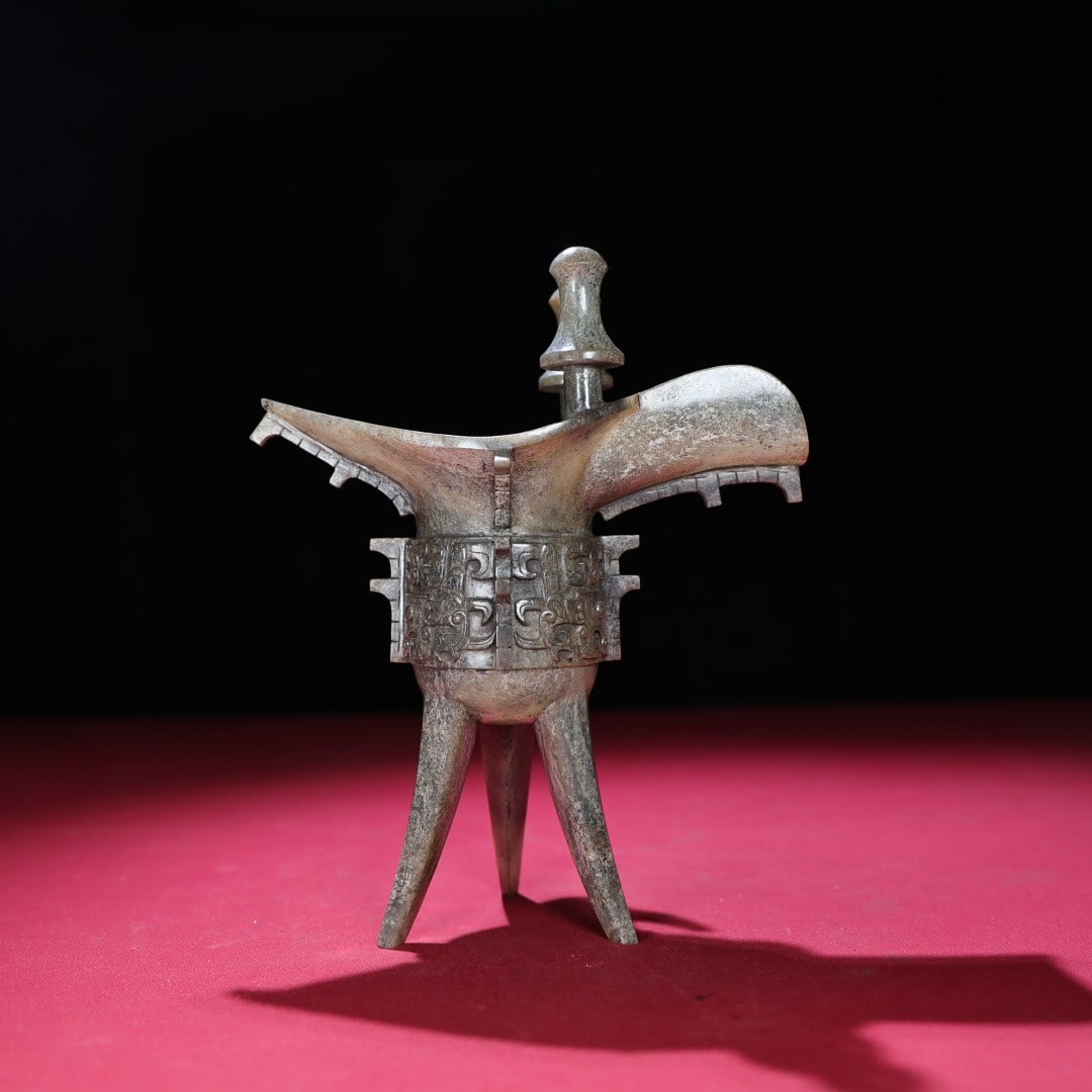 An Exquisite White Jade Beast-Face Pattern Double-Ears Tripod Goblet: An Exquisite White Jade Beast-Face Pattern Double-Ears Tripod Goblet,Qing