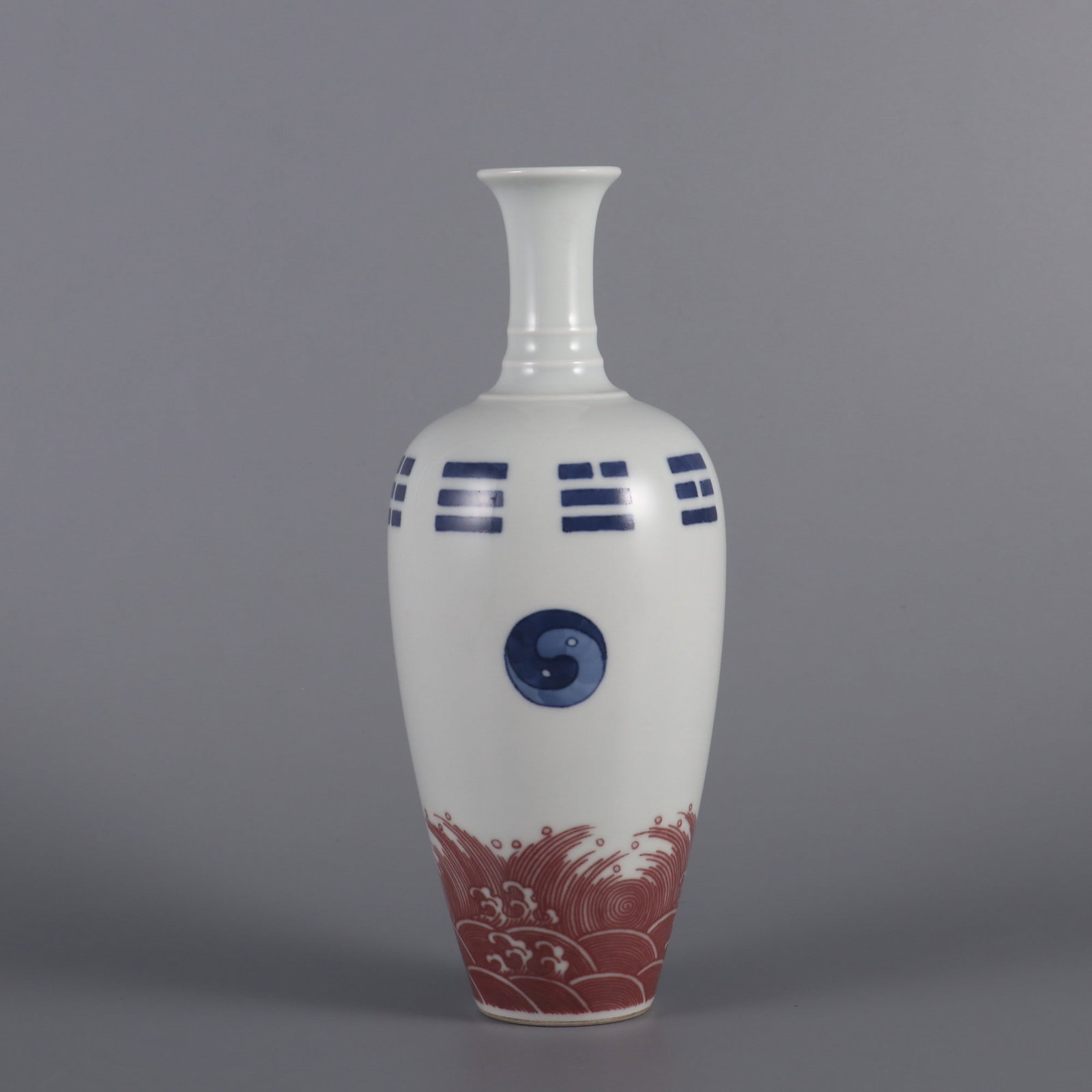 An Exquisite Blue and White Underglaze-Red Seawater and Trigram Pattern Vase: An Exquisite Blue and White Underglaze-Red Seawater and Trigram Pattern Vase,Qing Dynasty, China,Kangxi Six-character Mark,Size:7.9inx1.3inx3.1in青花釉里红海水