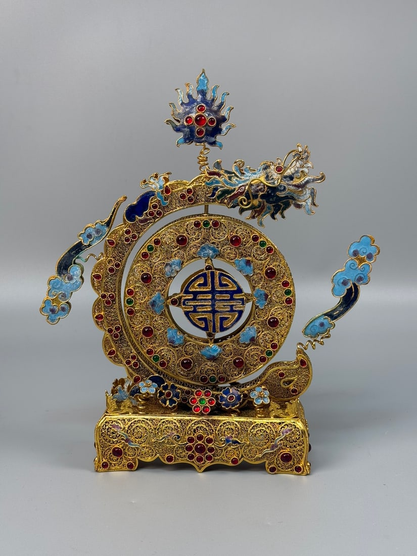 A Rare Filigree and Gilding Inlaid Gems Dragon-Shaped Ornament: A Rare Filigree and Gilding Inlaid Gems Dragon-Shaped Ornament,Qing Dynasty,China,Qianlong Four-character