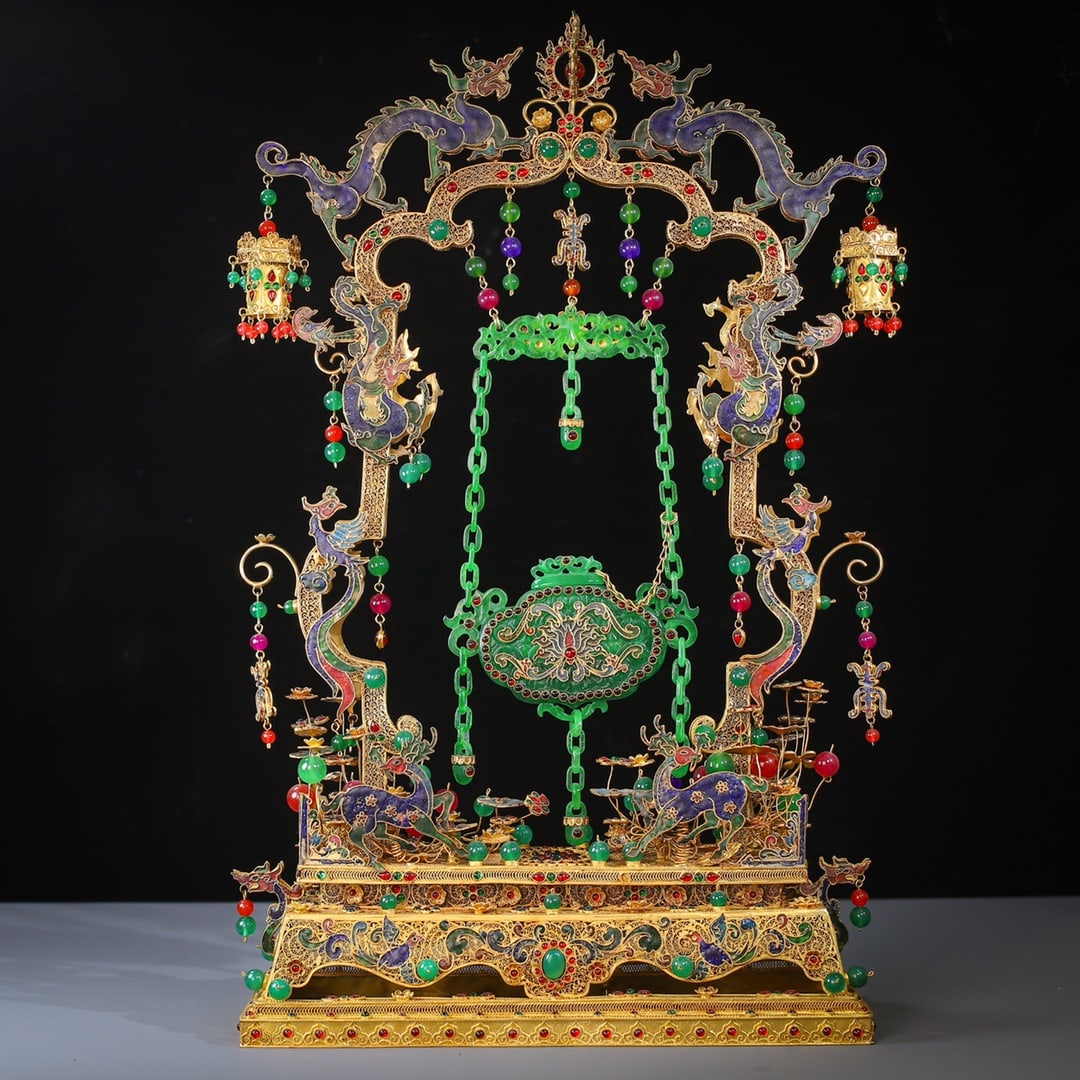 A Huge Filigree and Gilding Inlaid Jadeite Dragon and Phoenix Pattern Double-Ears Vase: A Huge Filigree and Gilding Inlaid Jadeite Dragon and Phoenix Pattern Double-Ears Vase Ornament,Inlaid Gems,Qing Dynasty,China,Qianlong Four-character Mark,Size:19.7inx11.8in,Weight:1762g花Ç