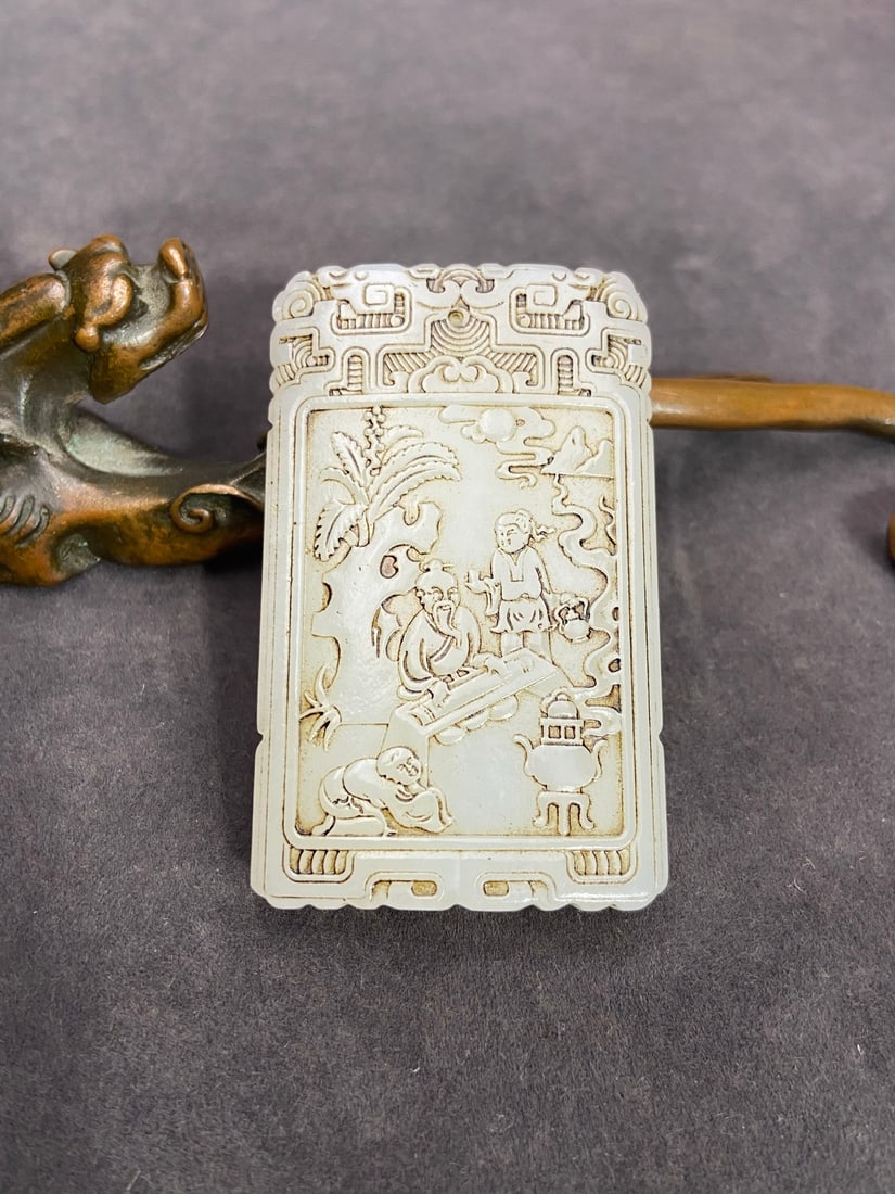 An Exquisite White Jade Character and Story Pattern Pendant,With Poem: An Exquisite White Jade Character and Story Pattern Pendant,With Poem,Qing Dynasty,China,Size:2.4inx1.4inx0.3in,Weight:45g白玉人物故事纹挂件,ñ