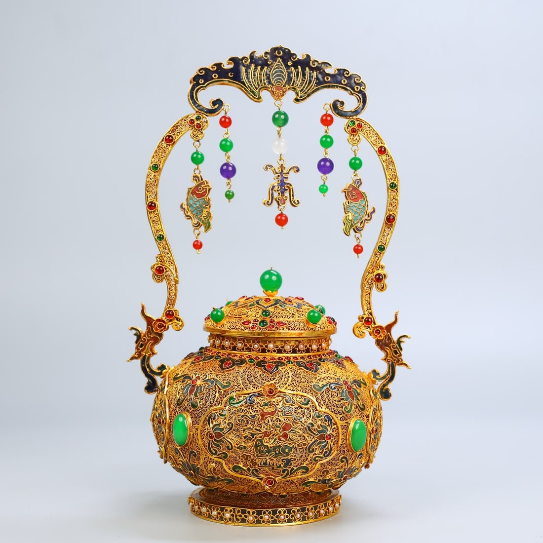 An Exquisite Filigree and Gilding Inlaid Gems Deer Pattern Jar with Cover: An Exquisite Filigree and Gilding Inlaid Gems Deer Pattern Jar with Cover,Qing Dynasty,China,Qianlong Four-character