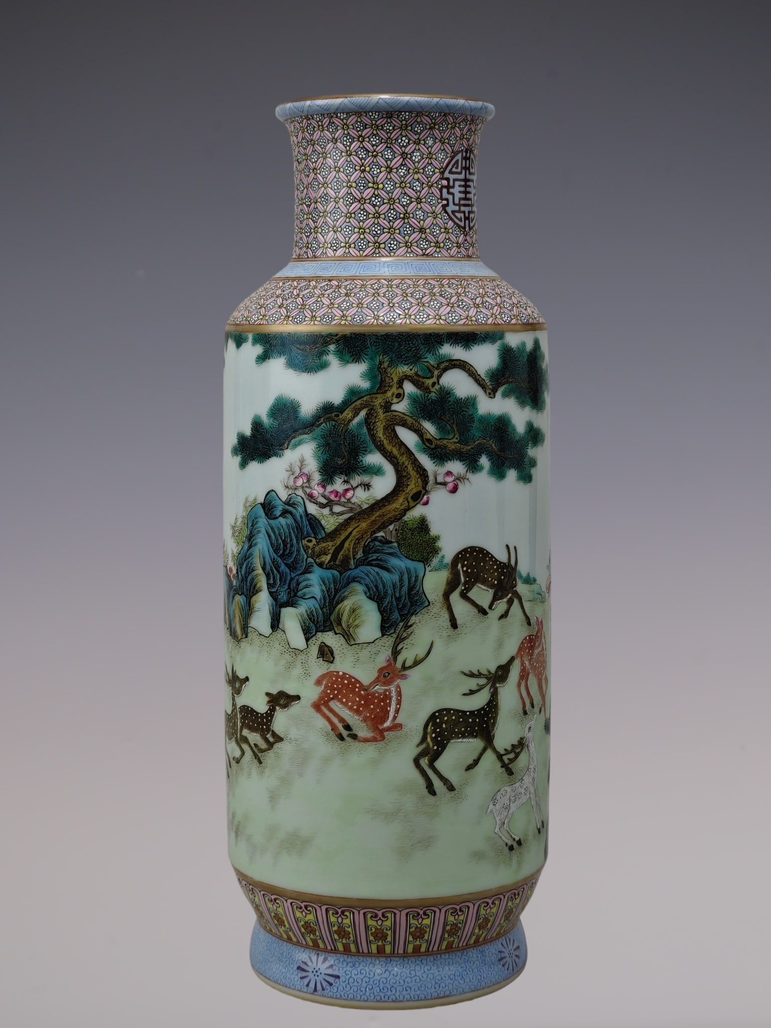 A Rare Famille-Rose Painted Gold Pine and Deer Pattern Vase: A Rare Famille-Rose Painted Gold Pine and Deer Pattern Vase,Qing Dynasty, China,Yongzheng Six-character